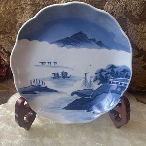 Vintage Japanese Blue and White Scenic Plate with wood stand